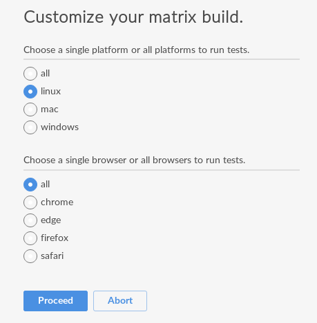 Screenshot of a dialog asking a question to customize matrix build